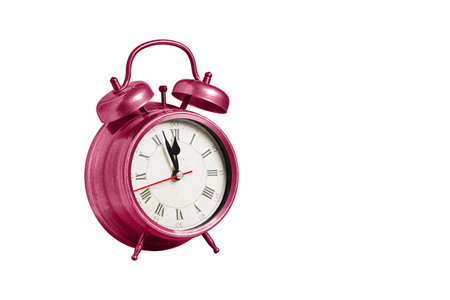 retro clock, pointer clock, red color alarm clock on isolated white background close up