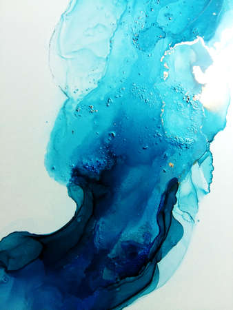 Luxury abstract fluid art painting background alcohol ink technique turquoise with gold. Marble...