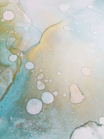 Luxury abstract fluid art painting background alcohol ink technique turquoise with gold. Marble...