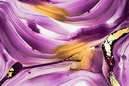 Luxury abstract painting in fluid art technique.Transparent layers of vivid lilac and gold paints...