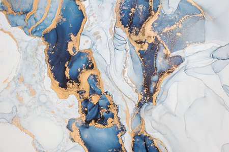 Luxury abstract fluid art painting in alcohol ink technique, mixture of dark blue, gray and gold...