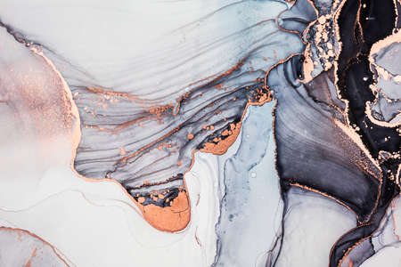 Luxury abstract fluid art painting in alcohol ink technique, mixture of black, gray and gold paints....
