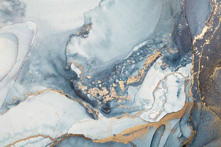 Luxury abstract fluid art painting in alcohol ink technique, mixture of dark blue, gray and gold...