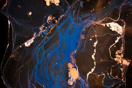 Luxury abstract fluid art painting in alcohol ink technique, mixture of white, blue and gold paints...
