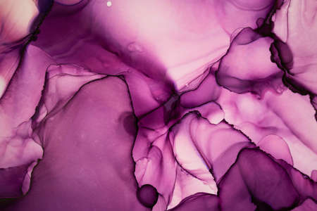 Luxury abstract fluid art painting in alcohol ink technique, mixture of green, purple and gold paints. Imitation of marble stone cut, glowing golden circles. Tender and dreamy design.の写真素材