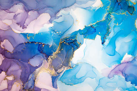 Abstract fluid art painting background in alcohol ink technique, mixture of blue, purple and gold...