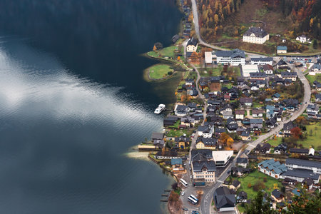 Aerial view of Hallstatt village in autumn, Austria.の写真素材