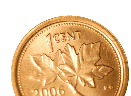 close up details on maple leaf side of canadian one cent coin