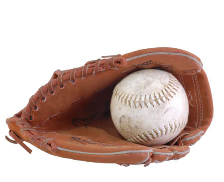 baseball and baseball glove isolated on whiteの写真素材