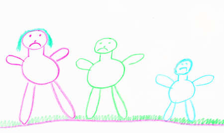 child drawing of an uphappy  in stick peopleの写真素材