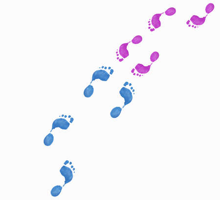 painted footprints showing boy meeting girlの写真素材