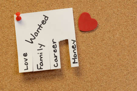 note with love, , career, money, attached to the corkboard with red pushpin\r\rの写真素材