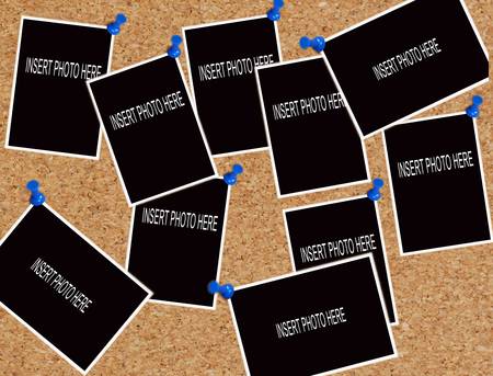 Cork notice board with numerous blank instant print picturesの写真素材