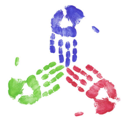 finger painted hands showing concept of team working togetherの写真素材