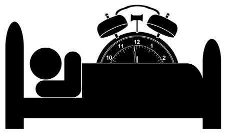 man in bed with alarm clock ticking over top of himのイラスト素材