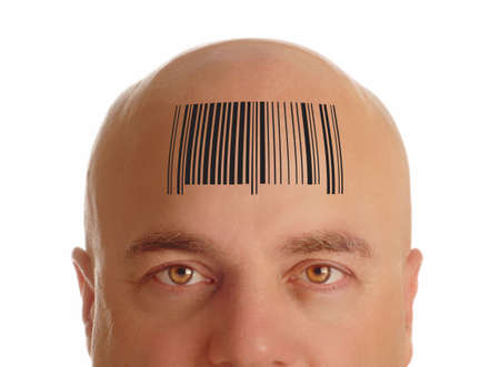 man with bald head stamped with a bar code - identityの写真素材