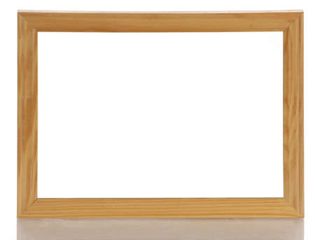 blank wooden picture frame with reflection on white backgroundの写真素材