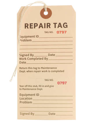 repair tag detail isolated on white backgroundの写真素材