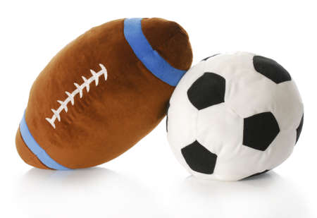 stuffed football and soccer ball with reflection on white backgroundの写真素材