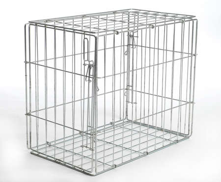 wire dog crate or animal cage with reflection on white background