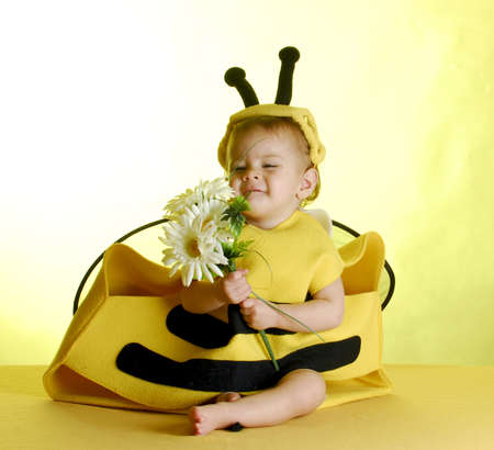 one year old child dressed up like a bee on yellow backgroundの写真素材