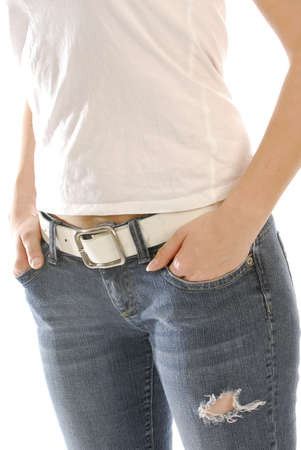 young woman in jeans isolated on white backgroundの写真素材
