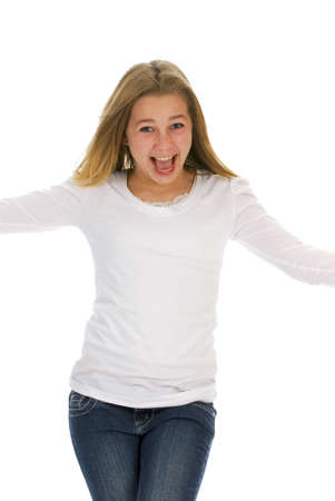 happy teenage girl with excited expression on white backgroundの写真素材