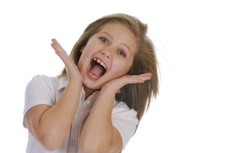 cute girl with surprised expression on white backgroundの写真素材