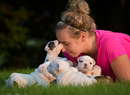 woman playing in the grass with litter of puppiesの写真素材
