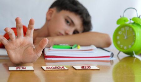 child with frustrated homework, special educational needs, special attention to children with...