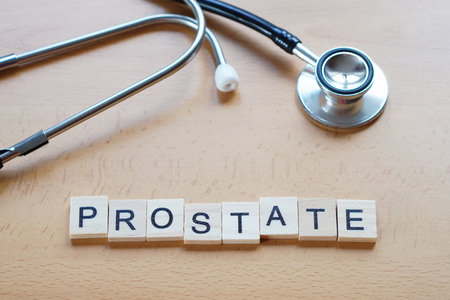 medical concepts. prostate. word written in wooden letters next to a stethoscope.の写真素材