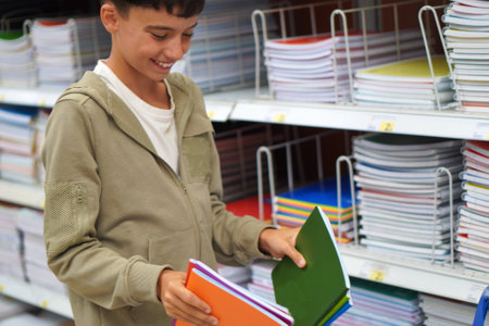 Smiling freckled boy choosing notebooks and school supplies during back-to-school shopping trip.