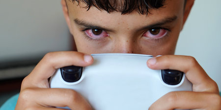 teenage boy with video game console controller with red, irritated eyes