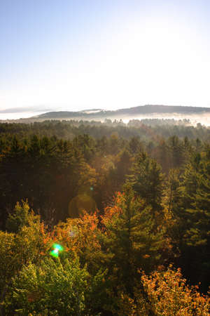 An aerial view of a hot air balloon floating over the Vermont country side 
の写真素材
