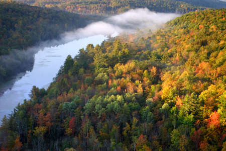 An aerial view of a hot air balloon floating over the Vermont country side 
の写真素材