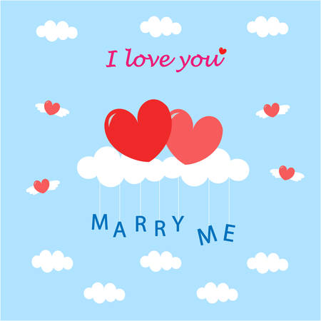 Two big hearts which is on clouds at the center with flying hearts around themのイラスト素材