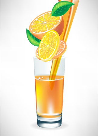 orange juice pouring in glass with fruit slicesのイラスト素材