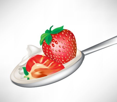 strawberry and cream in spoon isolated on whiteのイラスト素材
