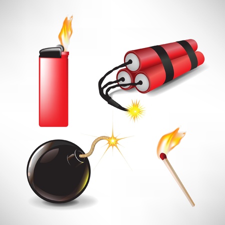 flammable icons: bomb lighter with flame, match and dynamite isolatedのイラスト素材