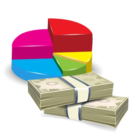 statistics pie chart and two piles of money illustrationのイラスト素材