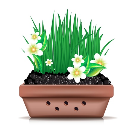 garden clay pot and fresh grass with flowers on whiteのイラスト素材