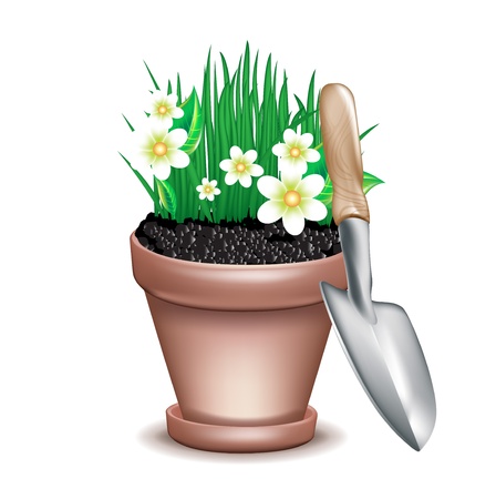 garden clay pot and fresh grass with flowers on whiteのイラスト素材