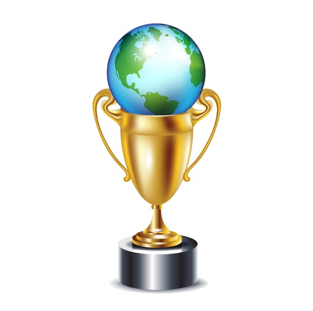 golden trophy with earth globe isolated on whiteのイラスト素材