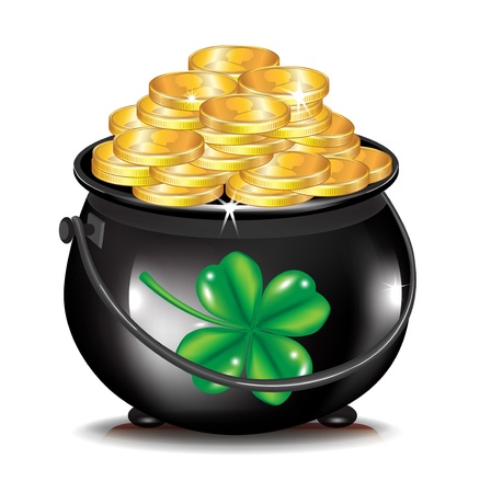 golden coins in black pot and clover isolatedのイラスト素材