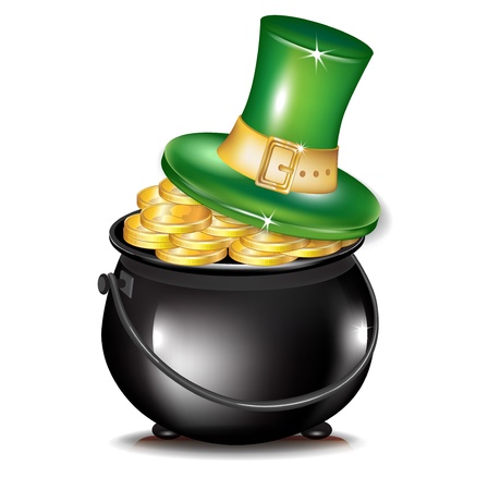 golden coins in black pot and hat isolatedのイラスト素材