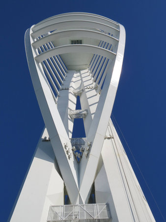 Close up of the Spinnaker Tower. The Spinnaker Tower is a well known Portsmouth landmark. Originally to be called the Millennium Tower, the name was changed due to construction delays preventing its completion by the year 2000.のeditorial素材