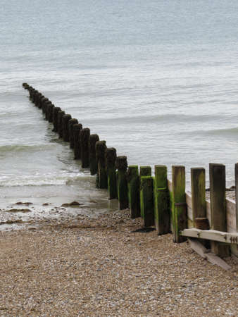 Coastal defences on an English beach. These wooden structures prevent the beach being washed away by the tides.の写真素材