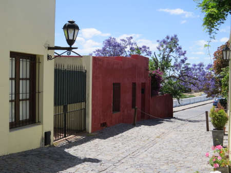 One of the old cobblestone streets in the Uruguayan town of Colonia de Sacramento.の写真素材