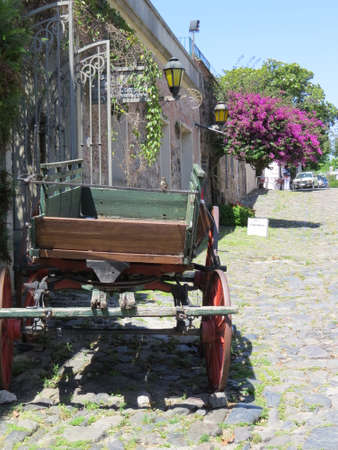 Old cart on a cobblestone street in the town of Colonia de Sacramento, Uruguay.の写真素材