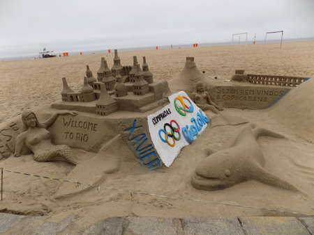 Sand sculpture on Copacabana beach in Rio De Janeiro, Brazil. These have to be remade every few days due to destruction by the sea and inclement weather.のeditorial素材